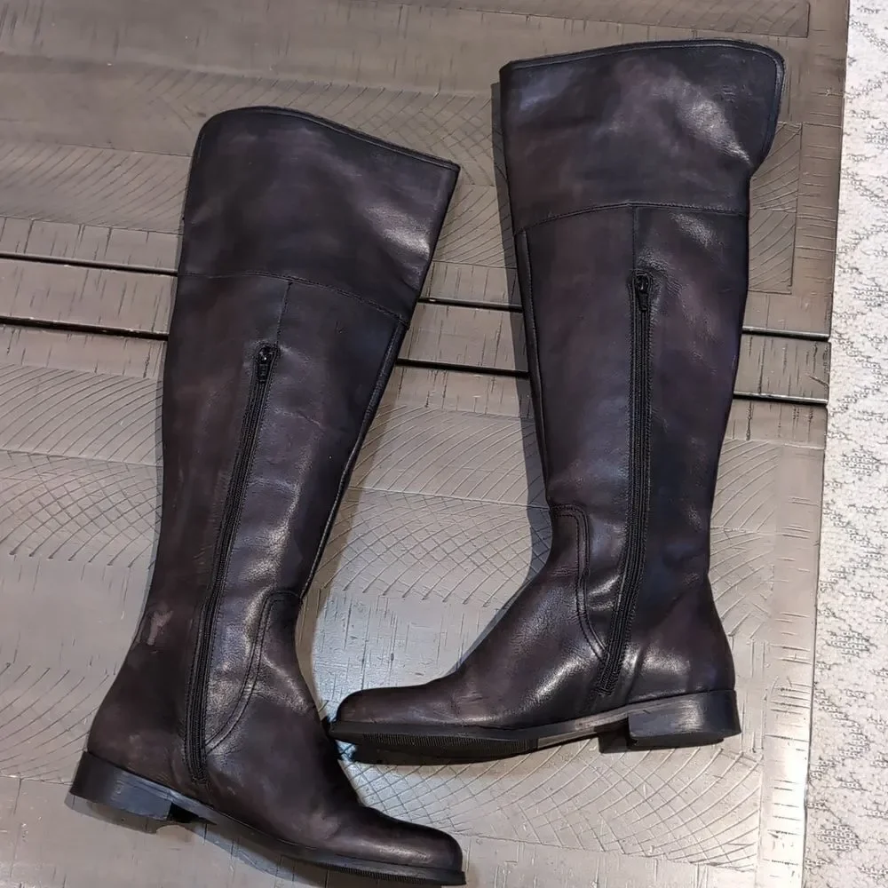 Anthropologie Miss Albright Black Gray Antique Leather Over The Knee Boots Sz 39